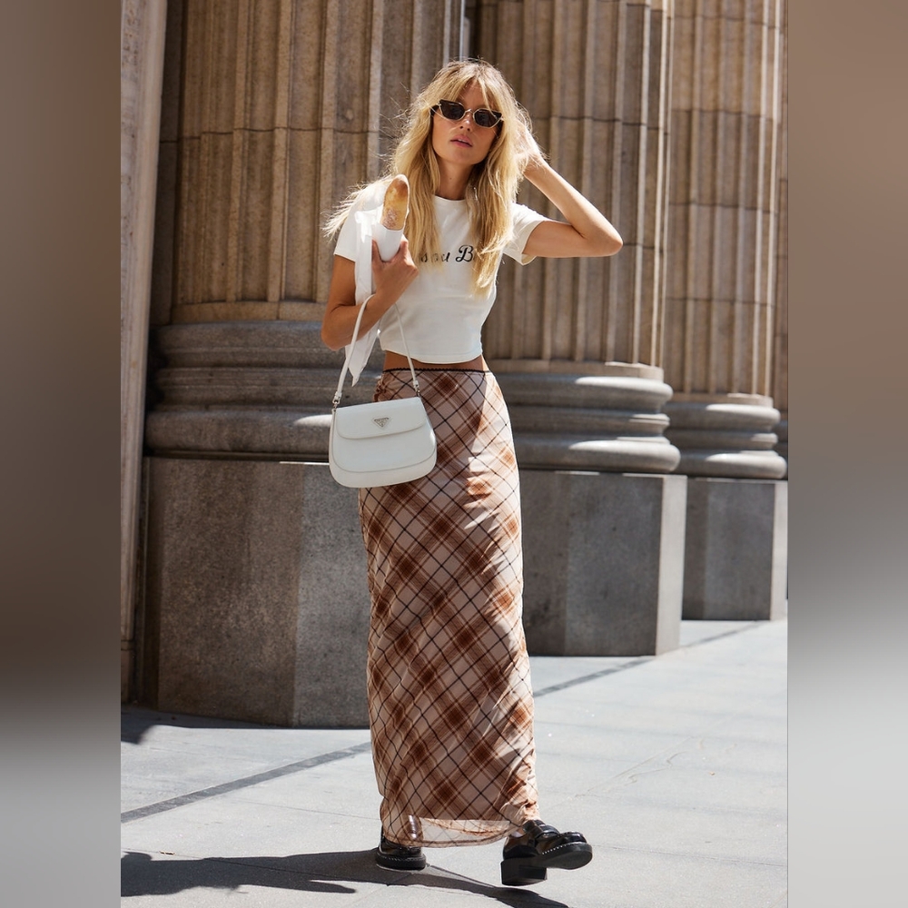 JULIA BROWN PLAID MESH MAXI SKIRT